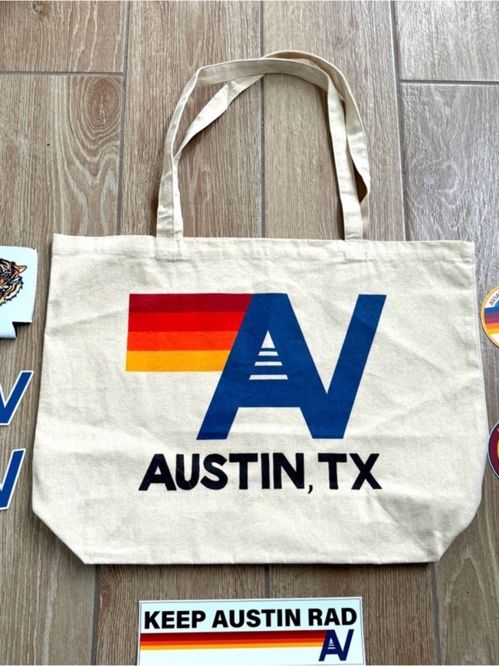 Austin, TX Canvas Tote Bag with Retro Stripe Design